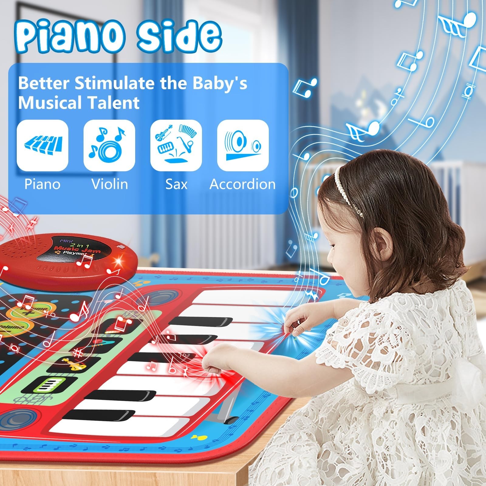 2-in-1 Musical Mat Toys for 1 2 3 4 5 Year Old, Piano Keyboard & Drum Set with 2