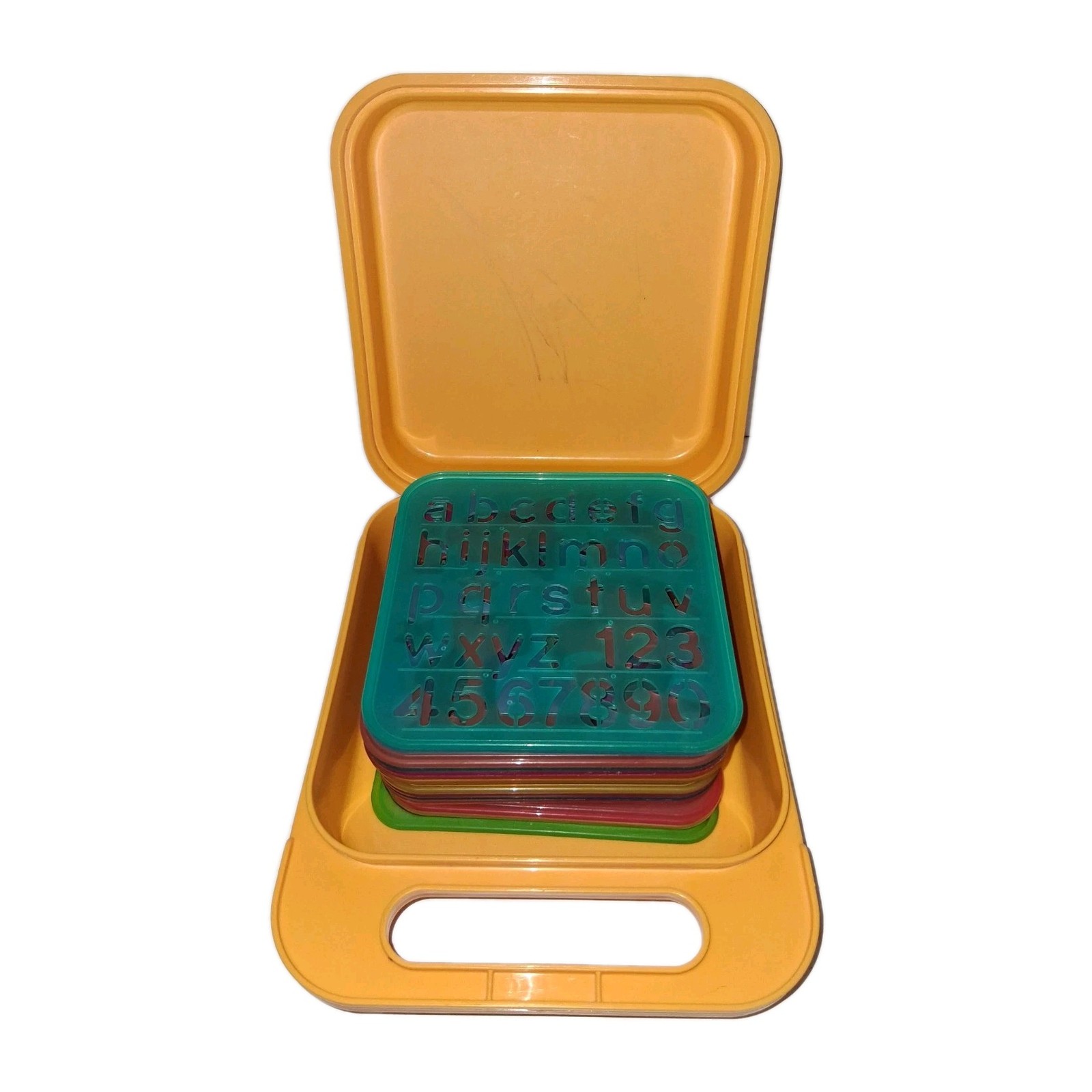 Vtg Tupperware Alphabet Carry Case 20 Stencil Lot Yellow ABC Pencil Lunch Box