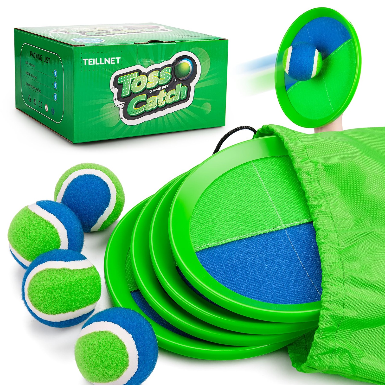 Toss and Catch Ball Set Upgraded – Kids Toys Beach 4 Paddles 4 Balls, Blue