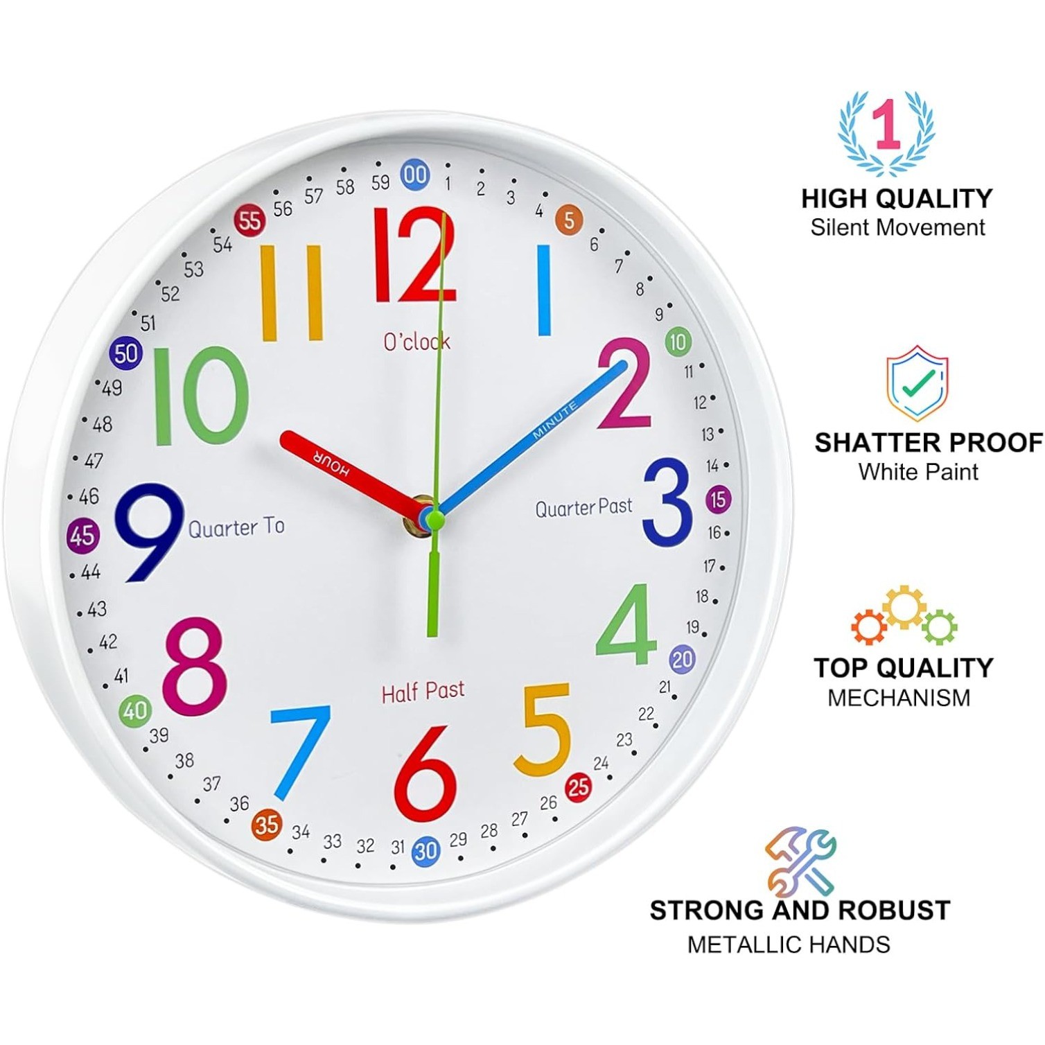 10 Inch Learning Clock for Kids,Telling Time Easily Non Ticking Battery Operated