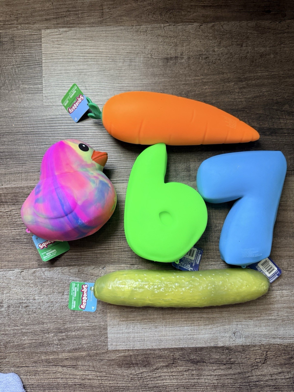 Squeezy Bundle Lot of 5! Squishy Duck, Carrot, 6, 7, Pickle