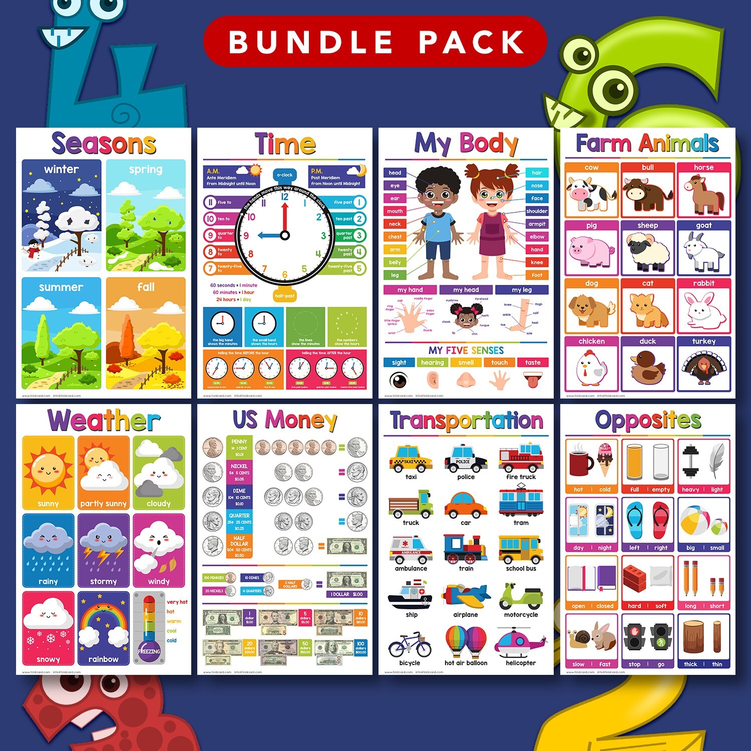 11 x 17 Educational Posters – Bundle of 16 Learning Chart for Classroom Homes