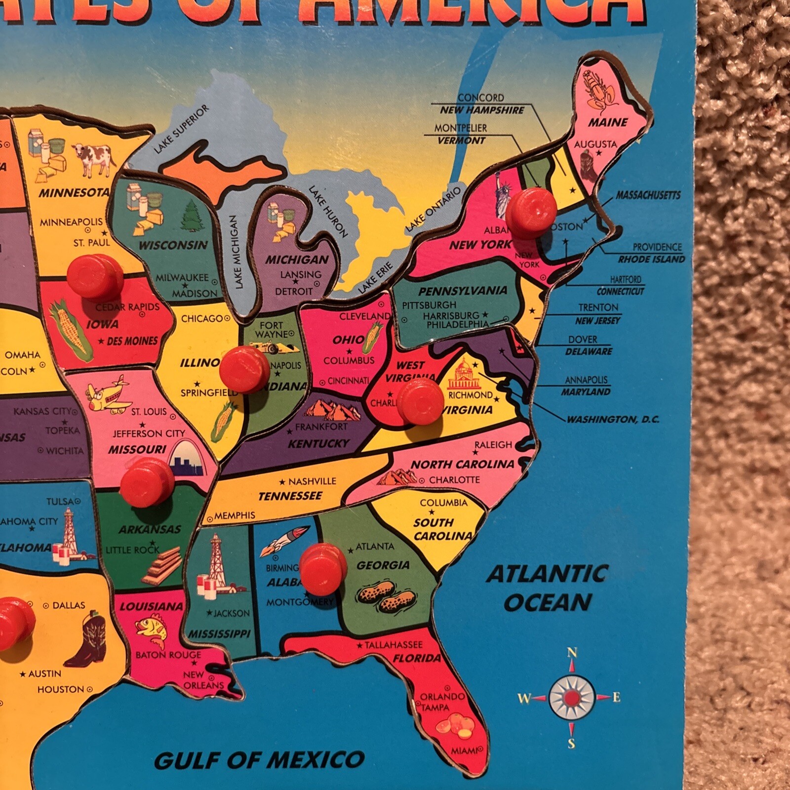 THE UNITED STATES OF AMERICA USA Educational Map Puzzle Lift & Learn Pegs