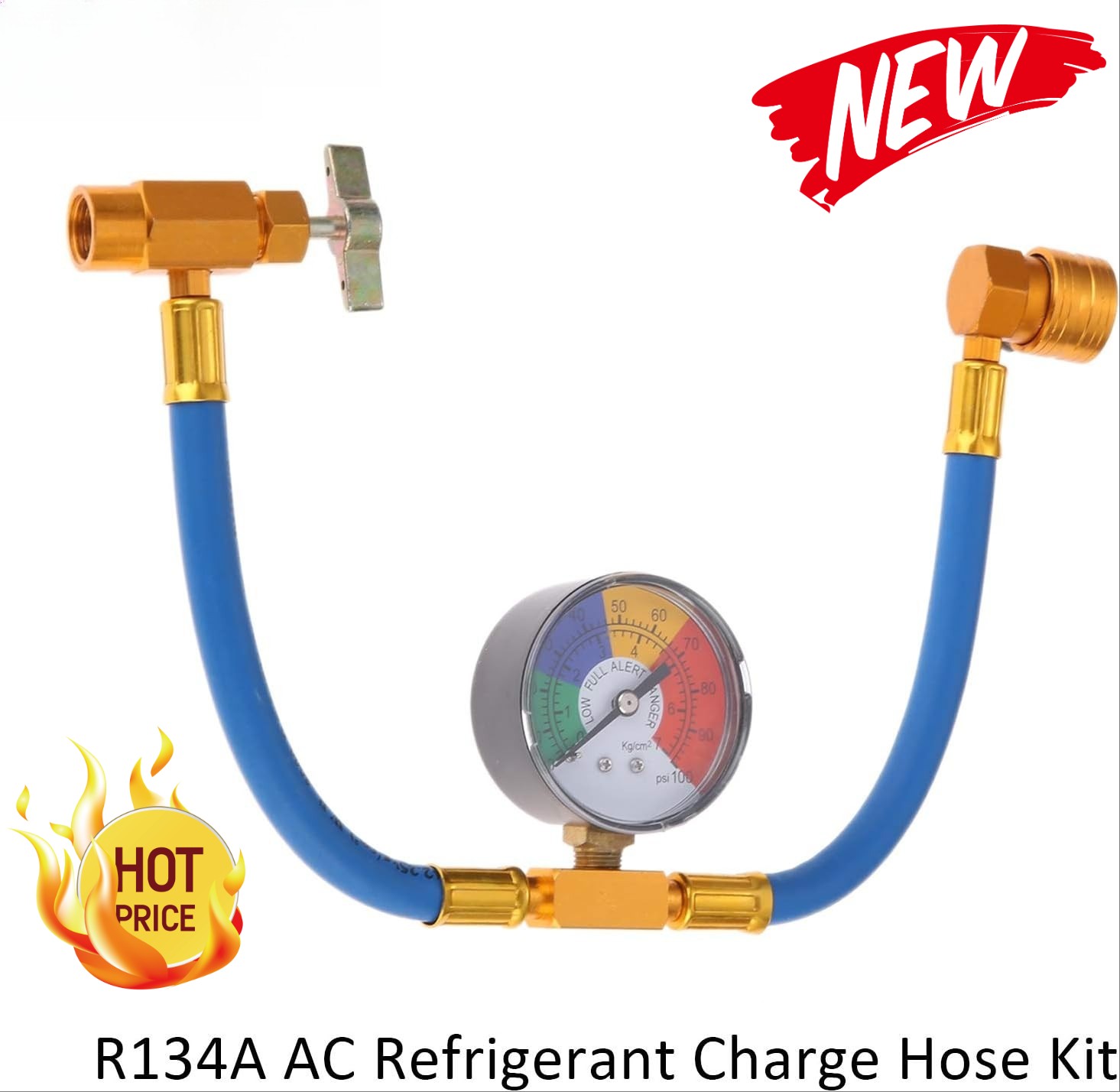 R134A AC Recharge Hose Kit with Gauge 1/2″ Self-Sealing Valve for Car A/C