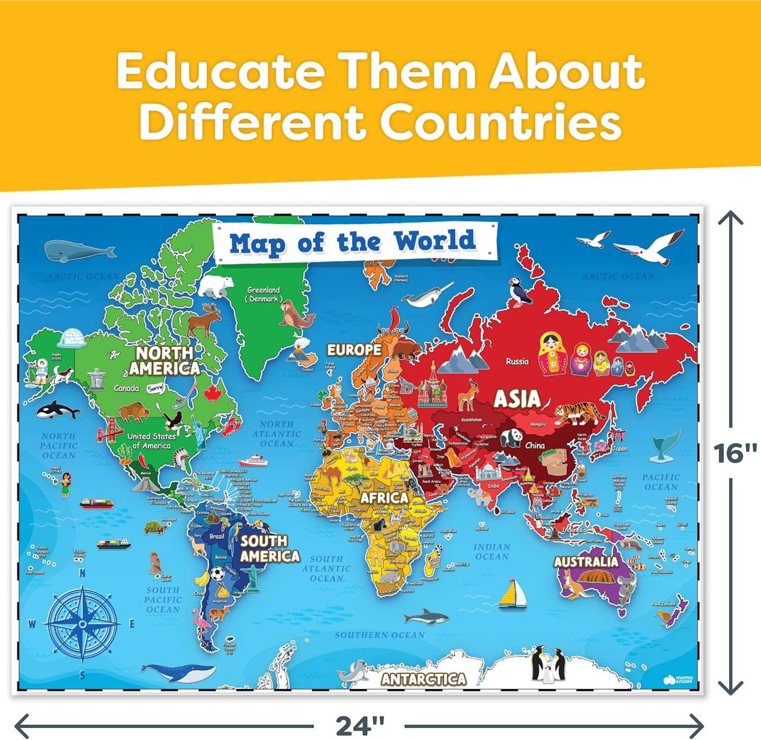 United States Map For Kids & World Maps For Kids 2pc Set – 24” x 16” Waterproof