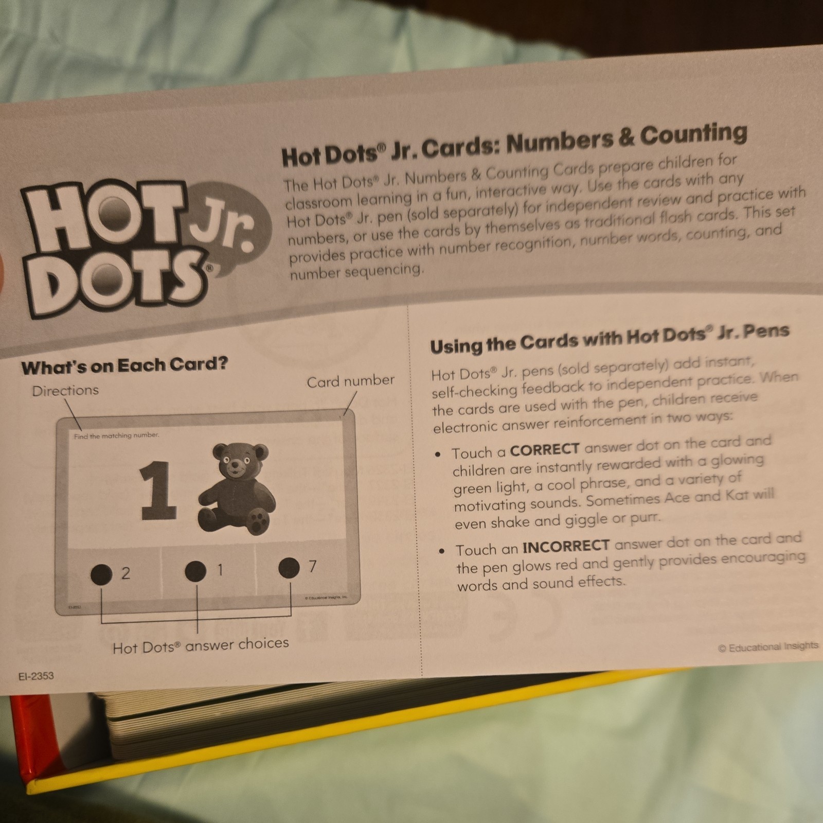 Hot Dots Jr. 72 Numbers & Counting Double-Sided Cards without Pen Pre-K Ages 3-6