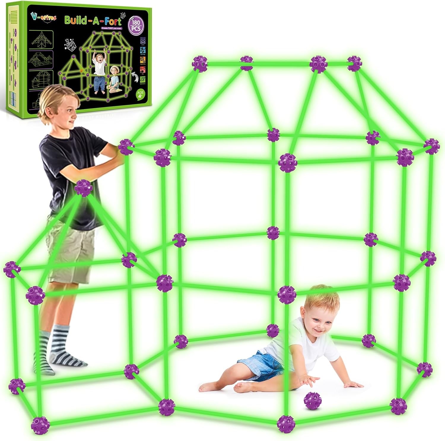 140 PCS Glow Fort Kit Kids STEM Toy DIY Castle Tunnel Tent Boys Girls Age 4-10