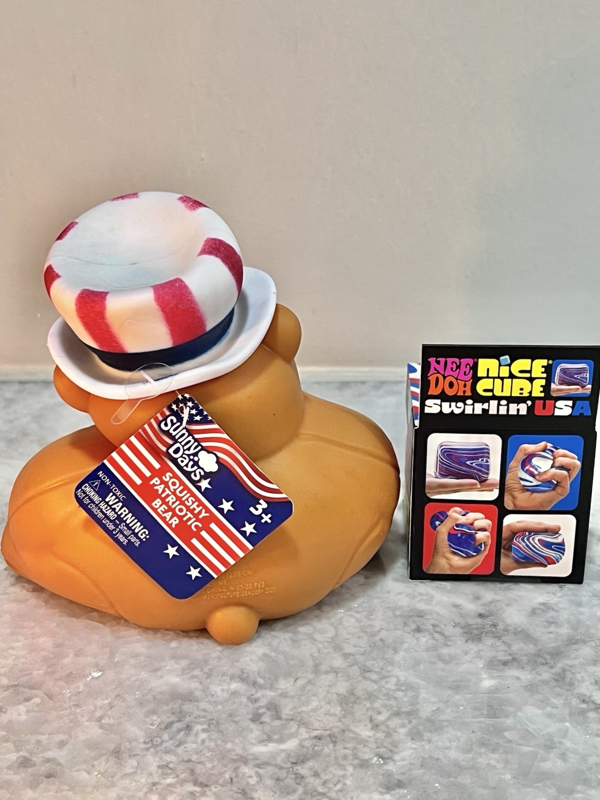 Sunny Days Squishy Patriotic Bear + NeeDoh Nice Cube Swirlin’ USA 🇺🇸❤️🤍💙