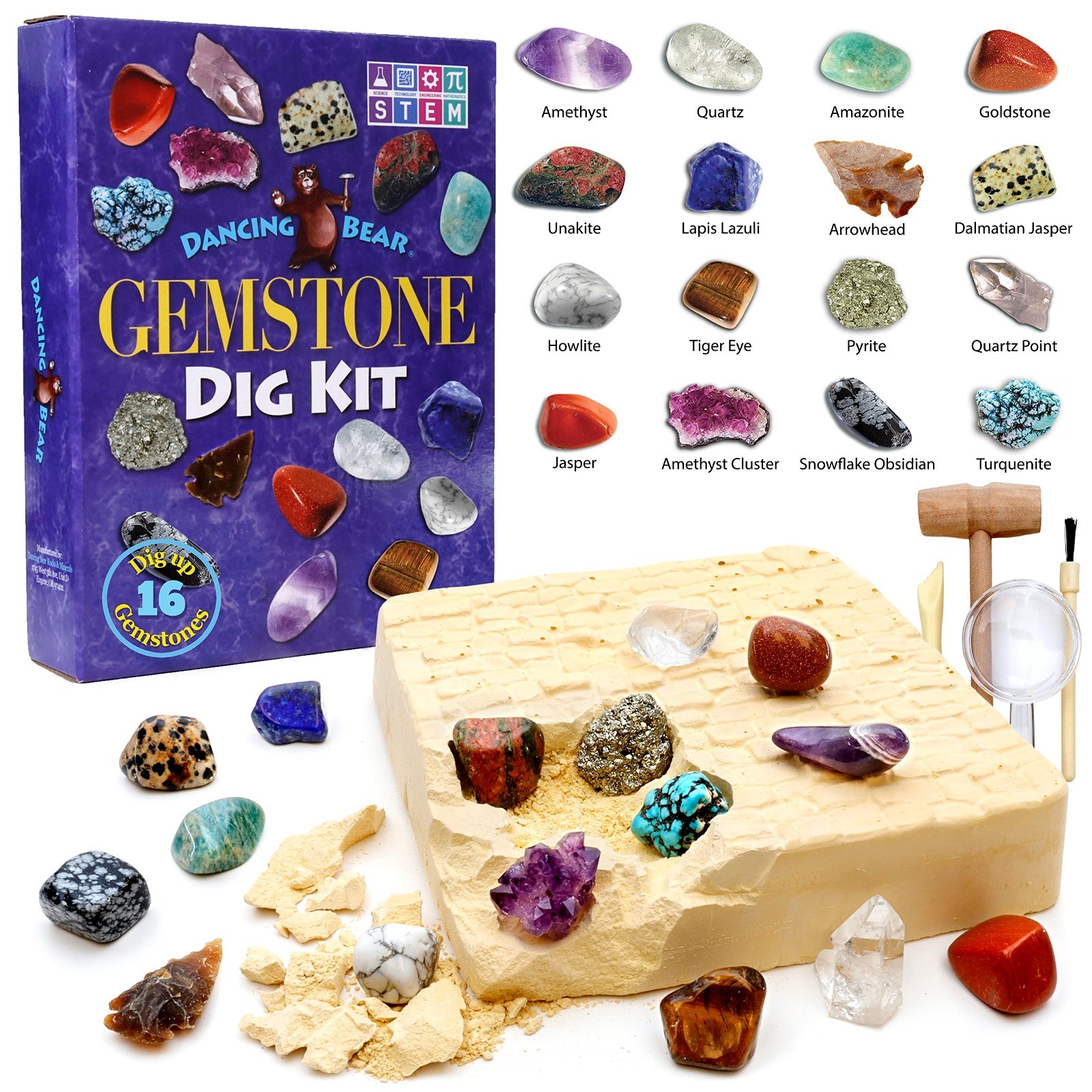 Gemstone Dig Kit – Excavate 16 Real Gems & Crystals, STEM Science Activity for K