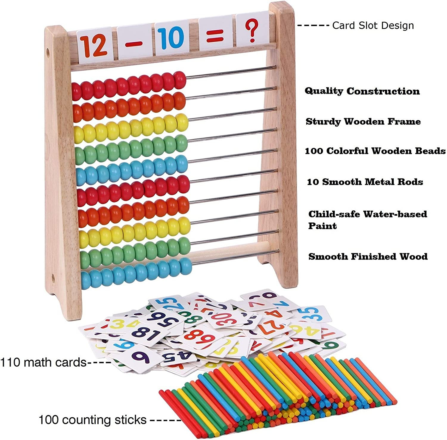 Wooden Abacus for Kids – 100 Counting Sticks and Number Toys Cards 1-100, Educat