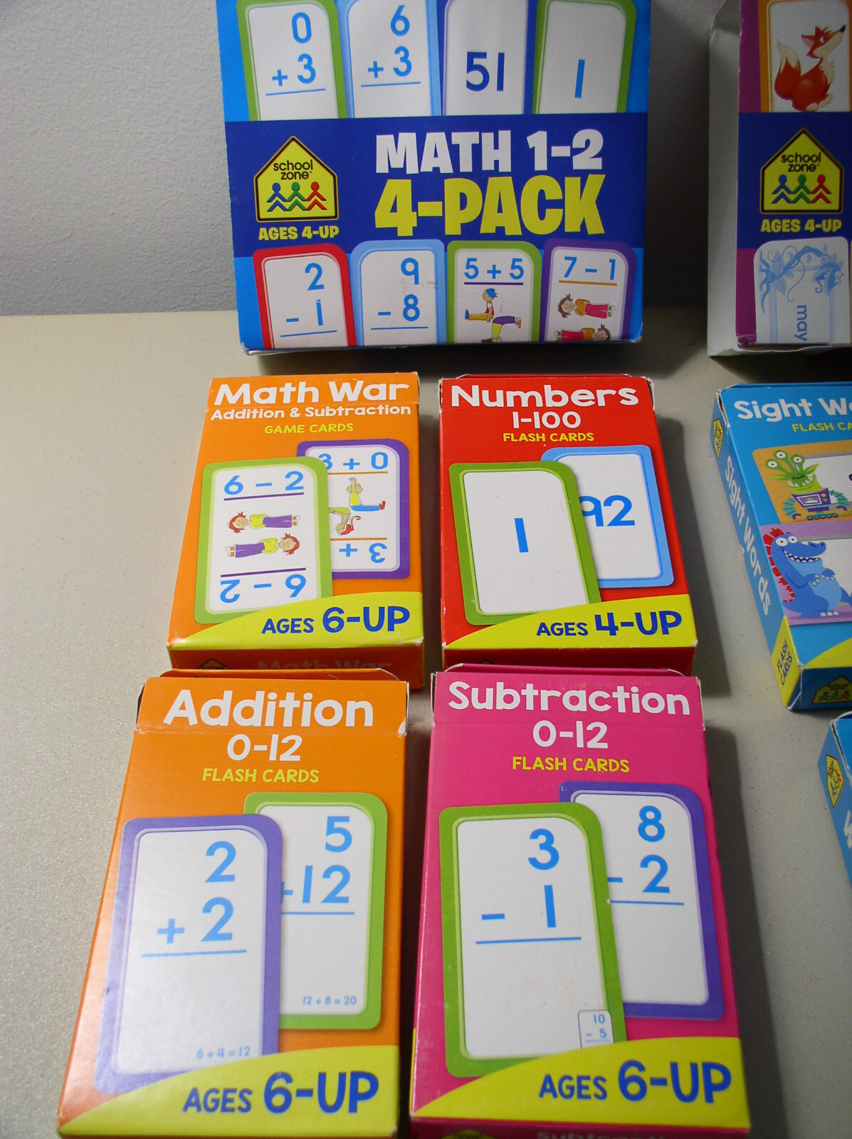 School Zone Flash Cards 4 Pack Math and 4 Pack Reading 8 Packs Ages 4-6 and Up