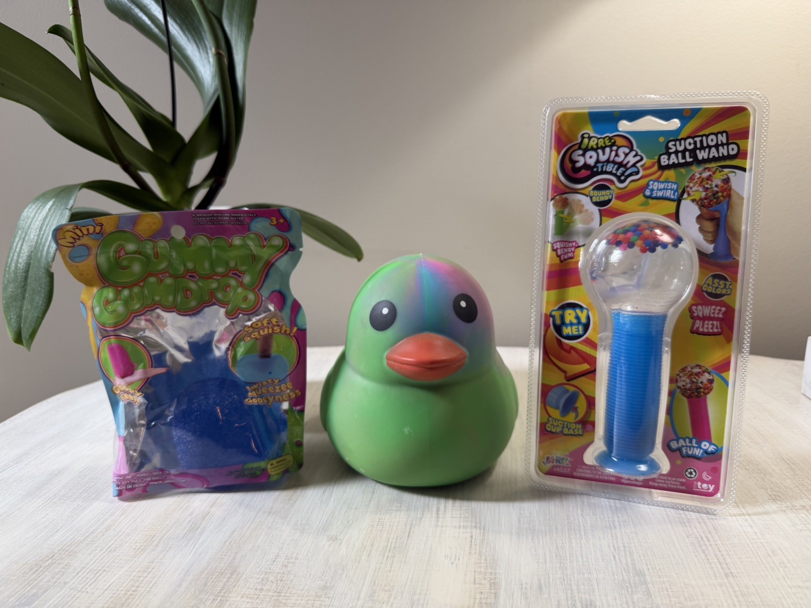 Lot of 3 Squishy items! Tie Dye Duck, Gummy Gum Drop & Squishy Ball Wand🔥