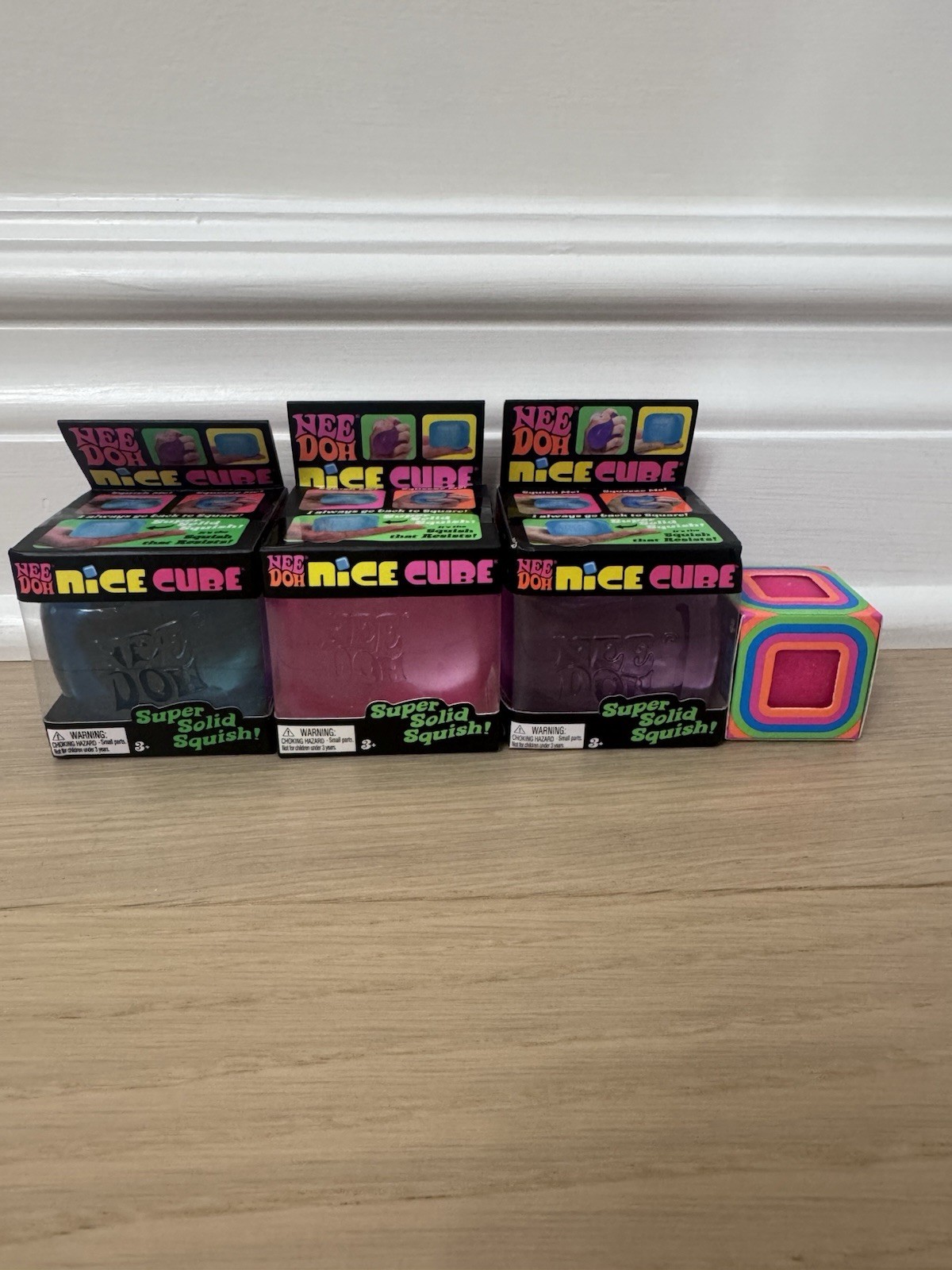 Nee Doh Nice Cube Super Solid Squish! – Lot Of 4-1 Pink, 1 Blue, 1 Purple, Mini