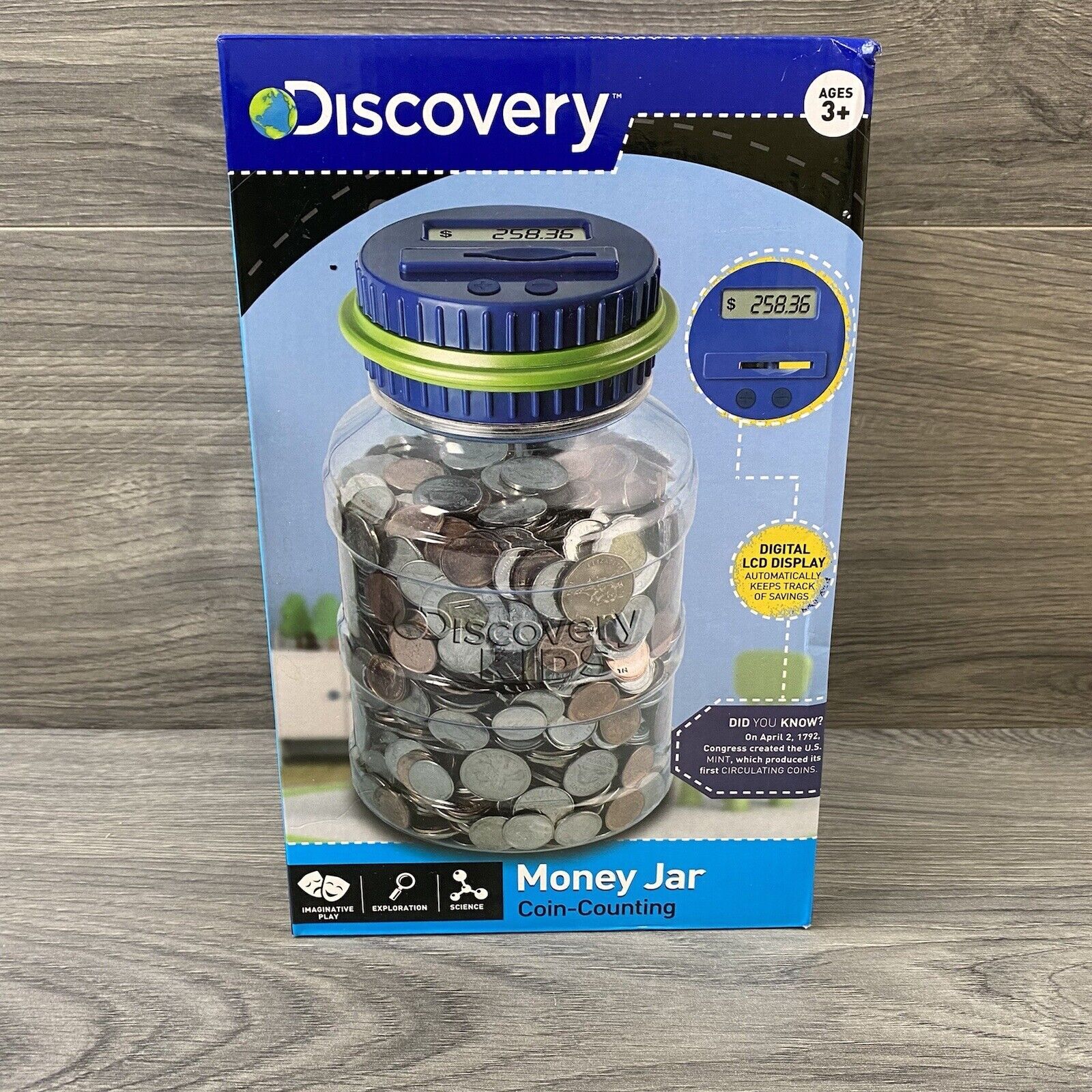 Discovery Kids Coin Counting Blue Money Jar Bank Digital LCD Display