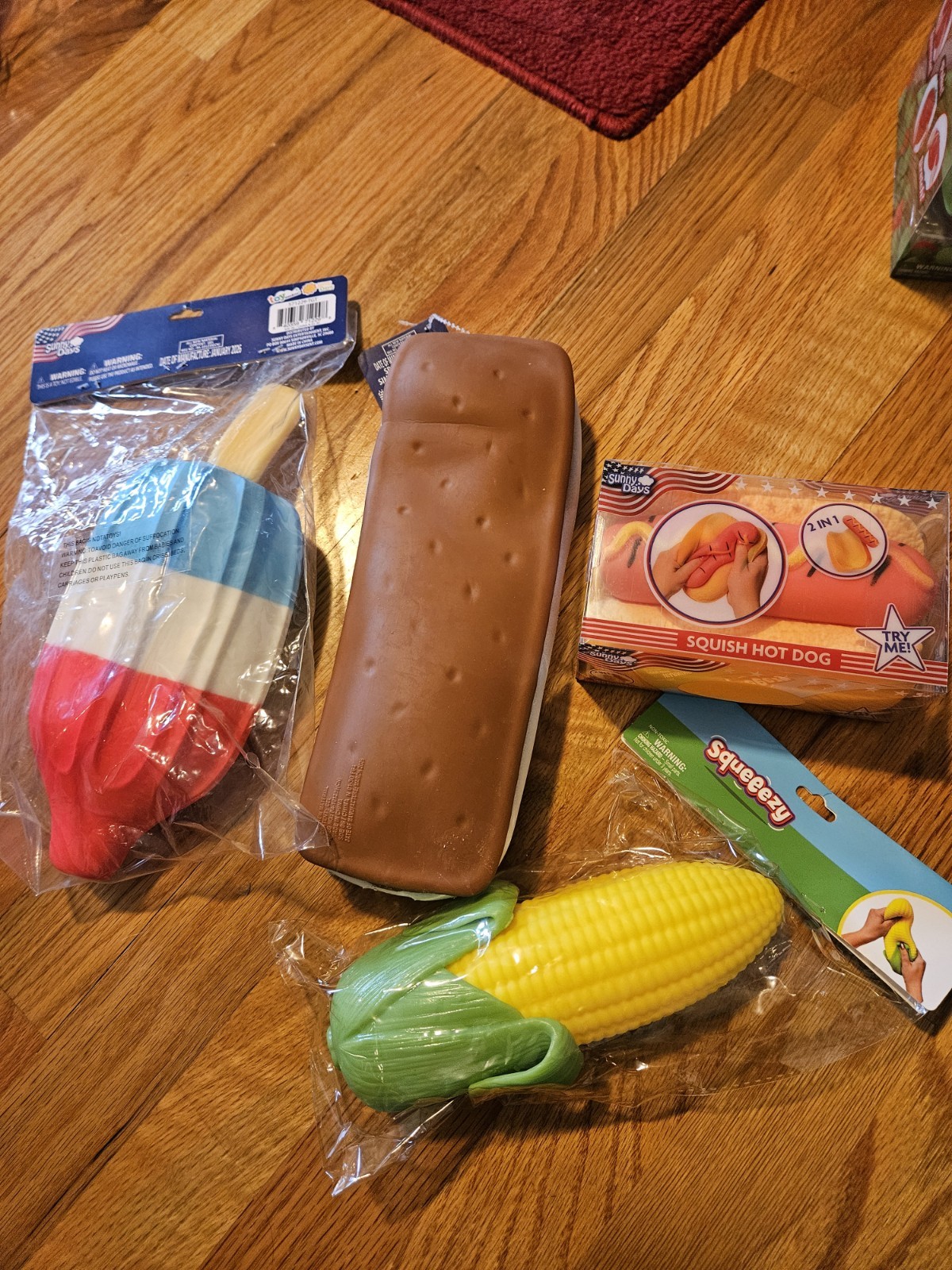 Sunny Days Squeeezy Lot Of (4), Corn , Ice Cream Sandwich, Hot Dog, Popsicle