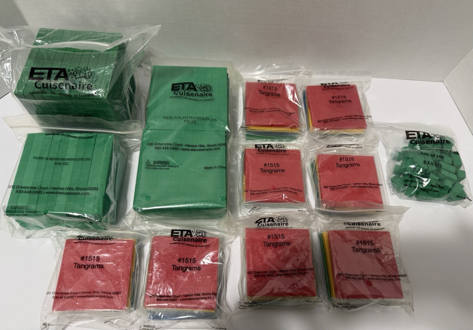 ETA CUISENAIRE BASE TEN BLOCKS LOT (CUBE, FLATS, RODS, TANGRAMS) *NEW*