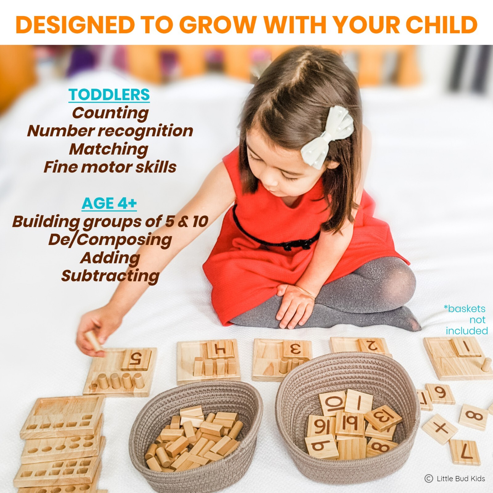 LITTLE BUD KIDS Counting Pegs Ten Frame Montessori Math Toy for 3 – 7 years old