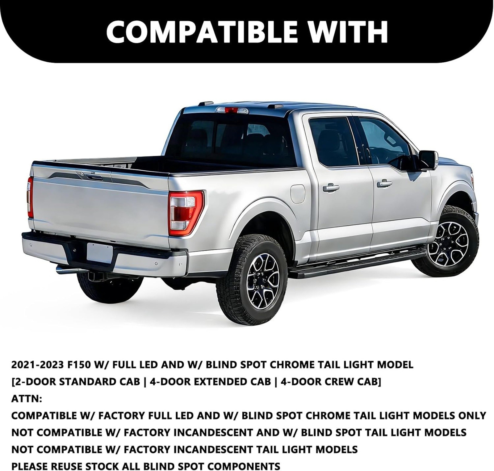 Right Passenger Side LED Tail Light for 2021 2022 2023 Ford F150 w/ Blind Spot