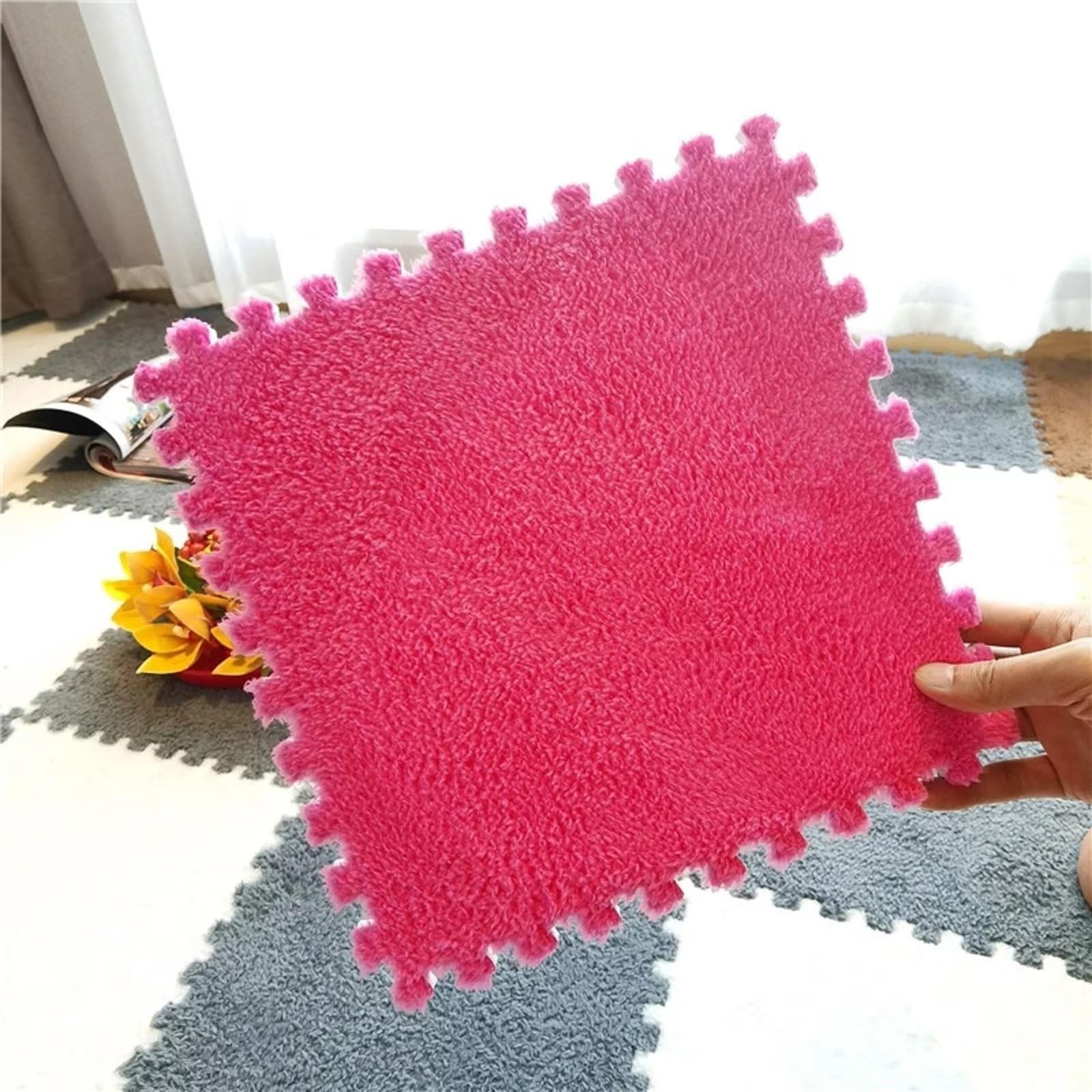 Typutomi 12pcs Plush Puzzle Foam Floor Mat, 55.7×55.7×0.55in, Rose Red&pink