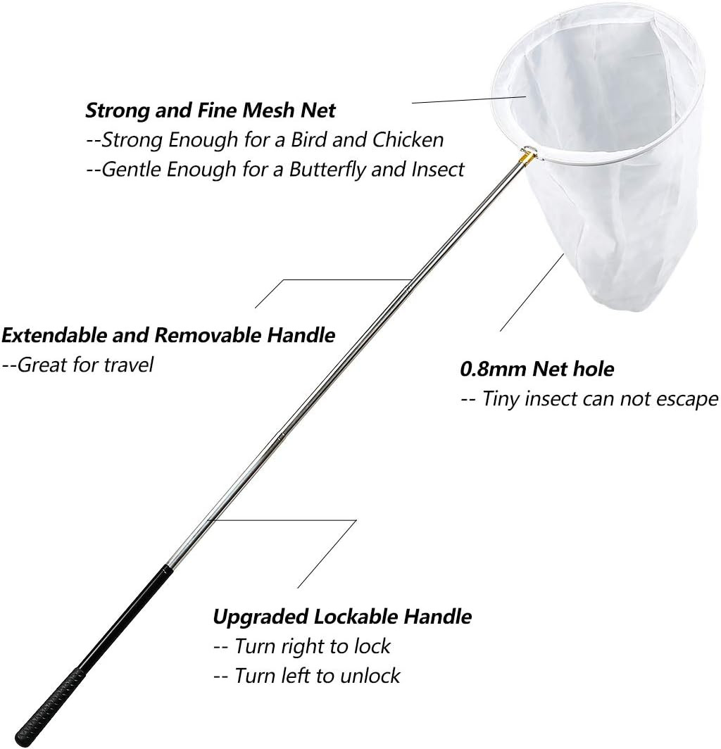 Professional Insect and Butterfly Net with 14″ Ring, 26″ Net Depth, 59″ Telescop