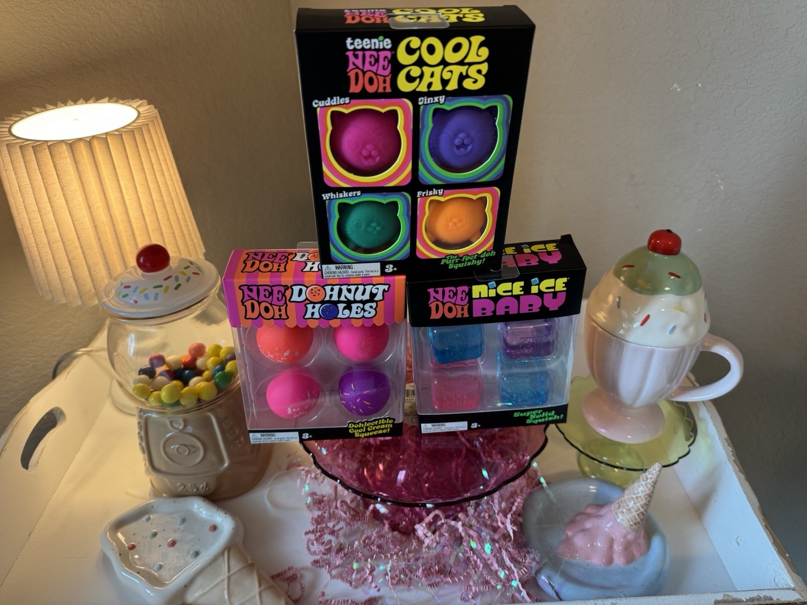 Schylling Teenie Nee Doh Cool Cats Squeeze Toy Set 4 Pink Purple Teal Orange