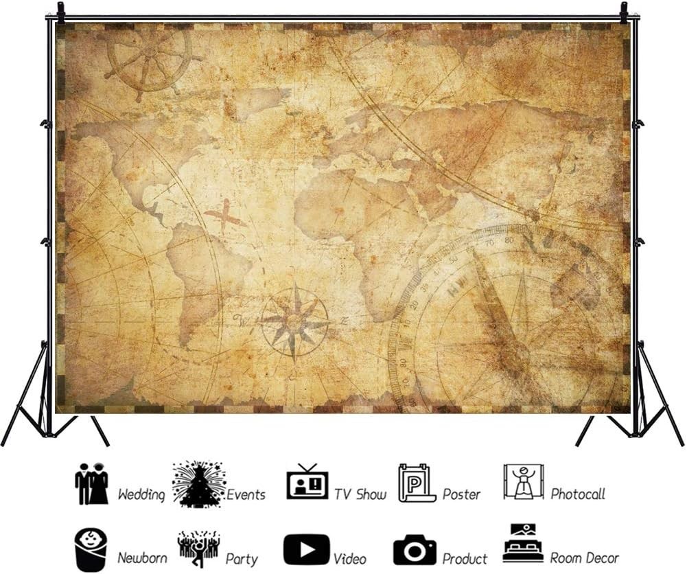 Vintage Old Travel World Map Backdrop Parchment Map Pirate 6x4ft NBK34468