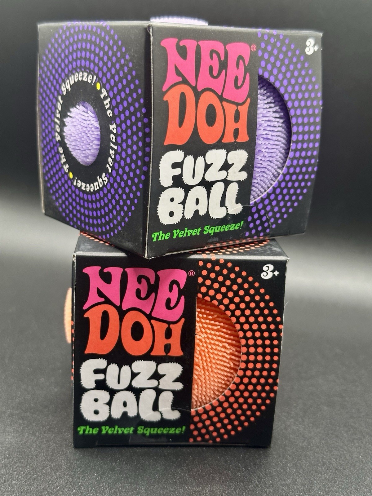 LOT OF 2: Nee Doh Needoh FUZZ BALL Velvet Squeeze Fuzzball NEW Orange & Purple