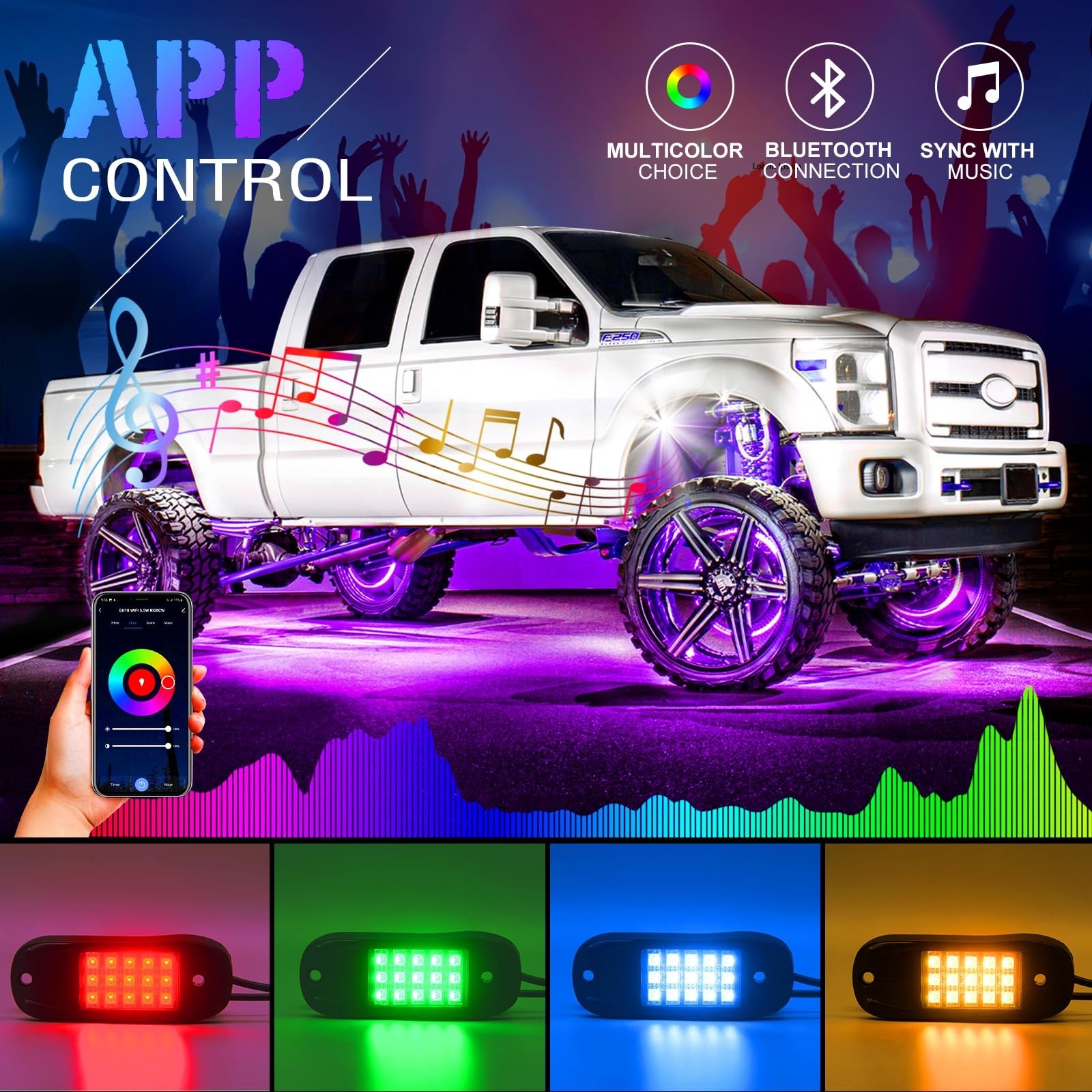 LED Rock Lights for Trucks, UTV, SUV & ATV – 10 Pods RGB Underglow Kit with A…