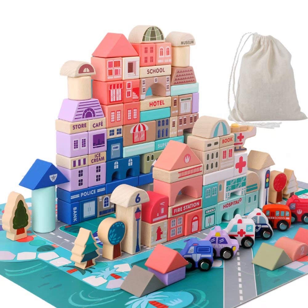 Migargle Wooden Building Blocks Set, 115 Pcs City Construction Stacker Stacking