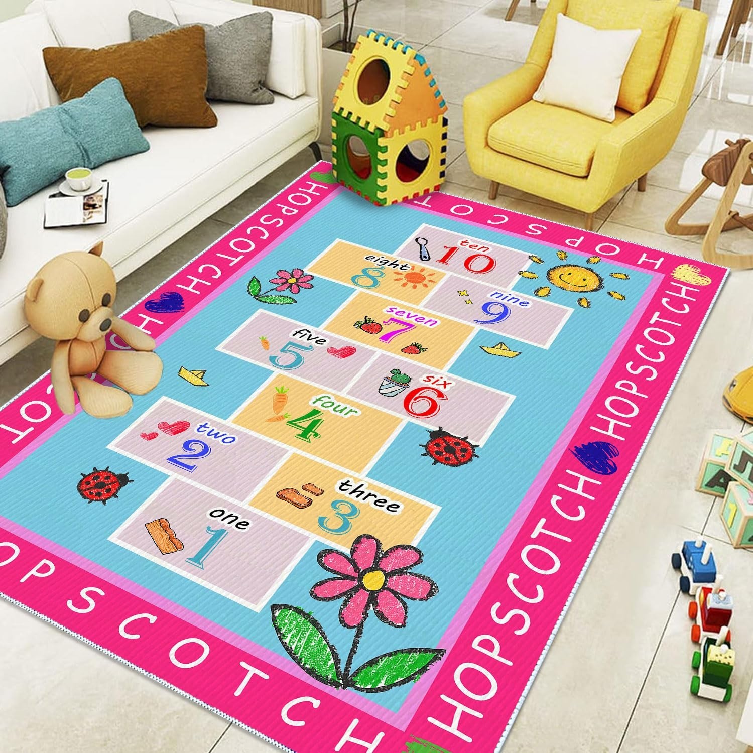 Kids Hopscotch Rug, 2′ 7″ x 4′ Hop and Count Game Mat, Numbers Fun Anti Slip …