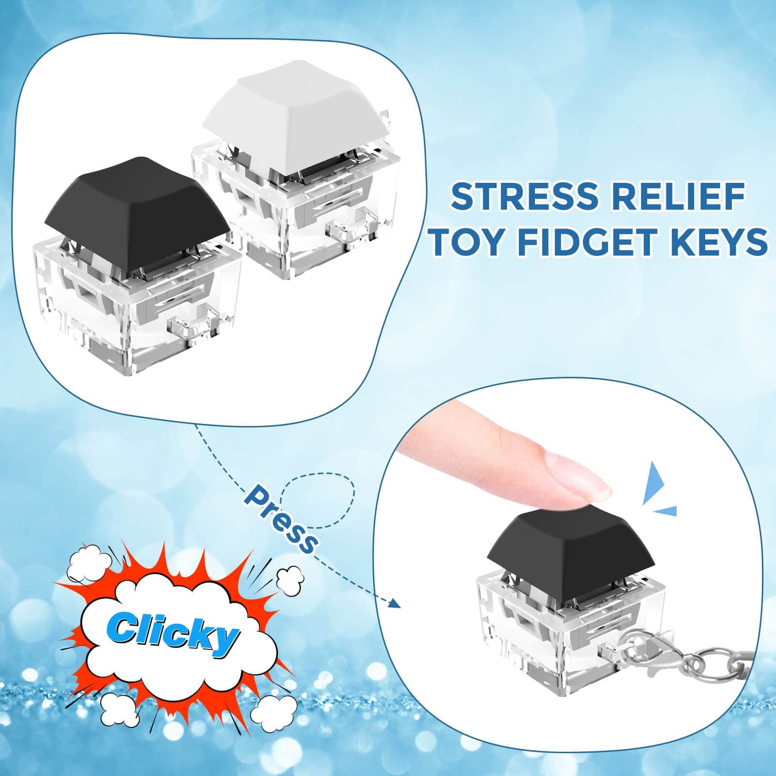 Kabvry Keyboard Fidget Keychain Clicker, Small, Black and White