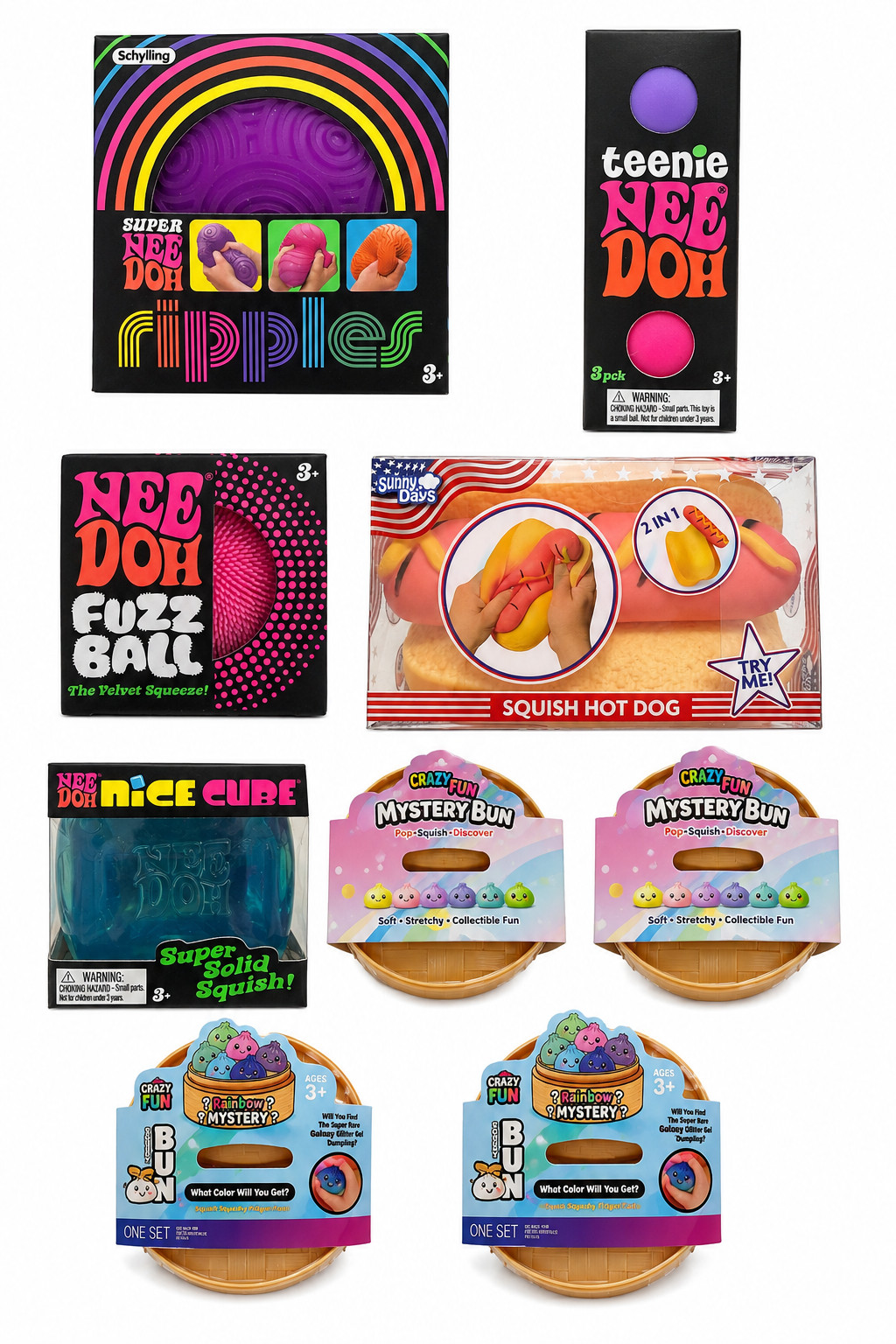 NeeDoh Fidget Toy Bundle Ripples Nice Cube Fuzz Ball Teenie Mystery Buns