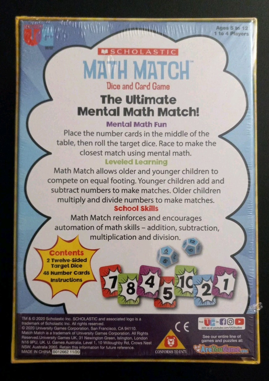New University Games Scholastic MATH MATCH Dice and Card Game Educational 5 -12