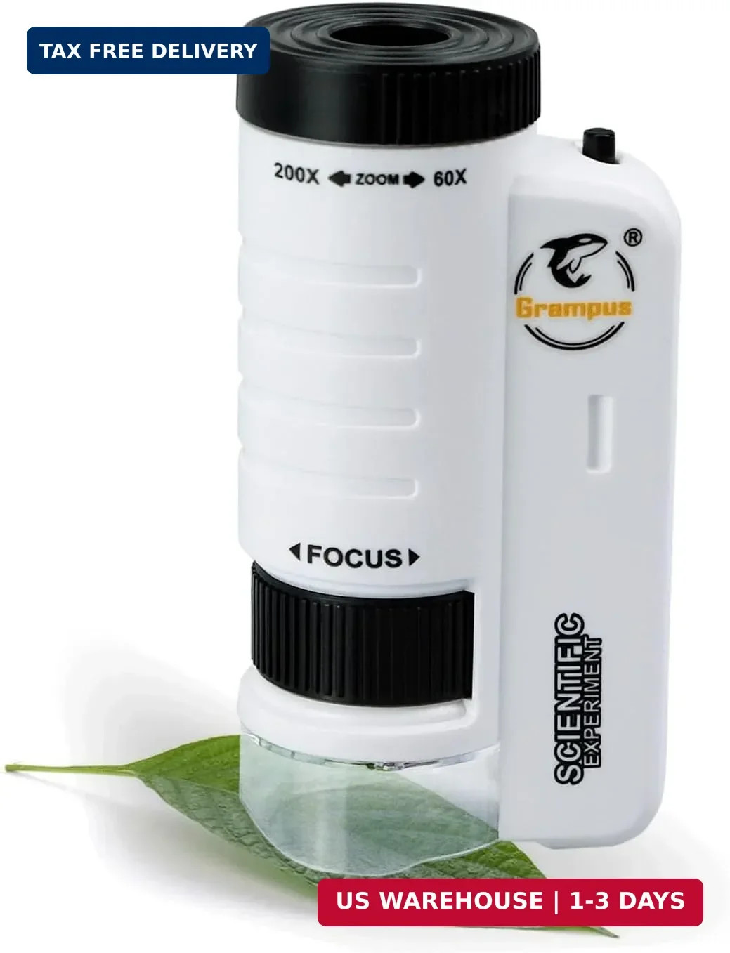 Grampus 60x-200x LED Pocket Microscope Portable Handheld STEM Toy for Kids Adult