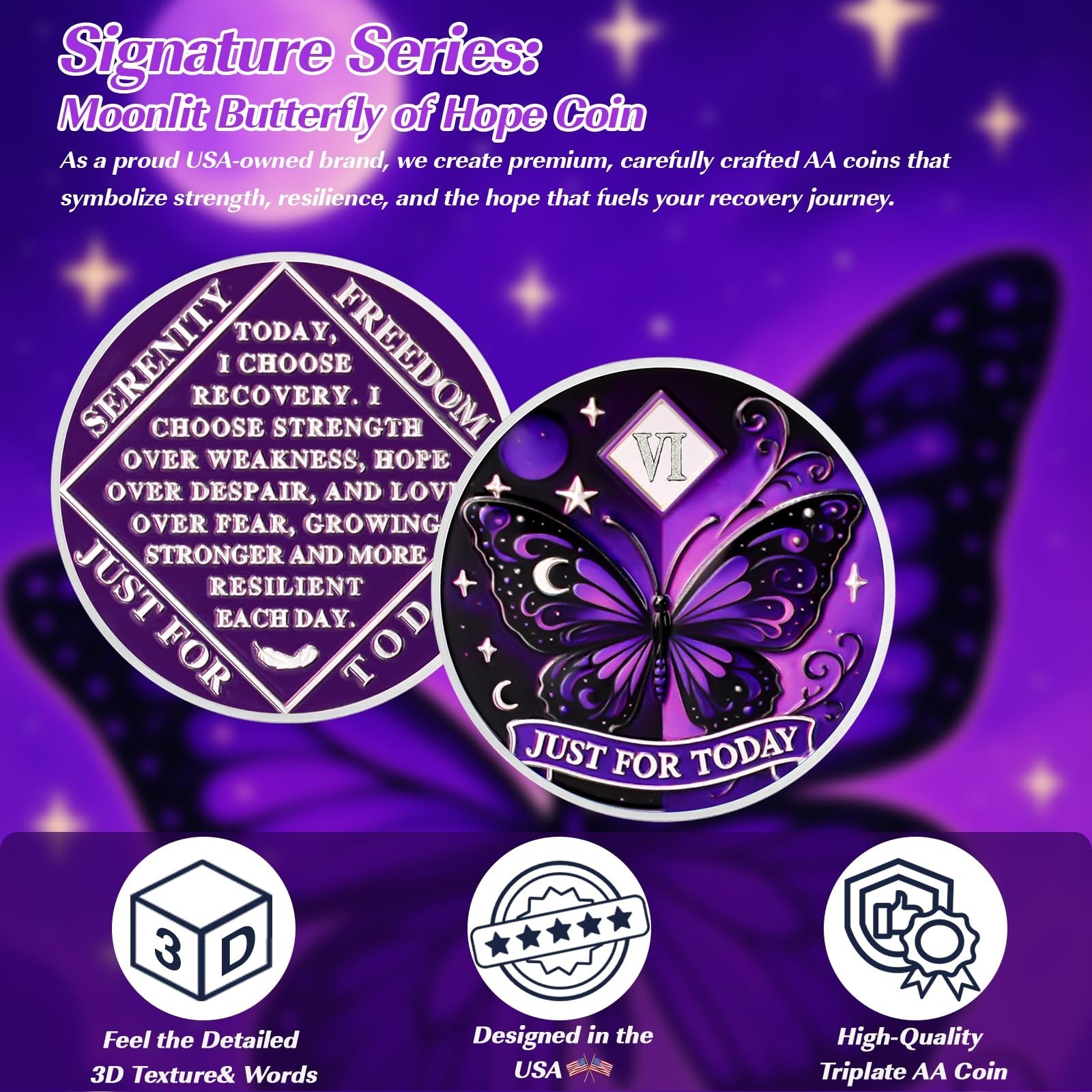 Moonlit Butterfly of Hope 6 Year Sobriety Coin, Affirmation AA Chips, Addicti…