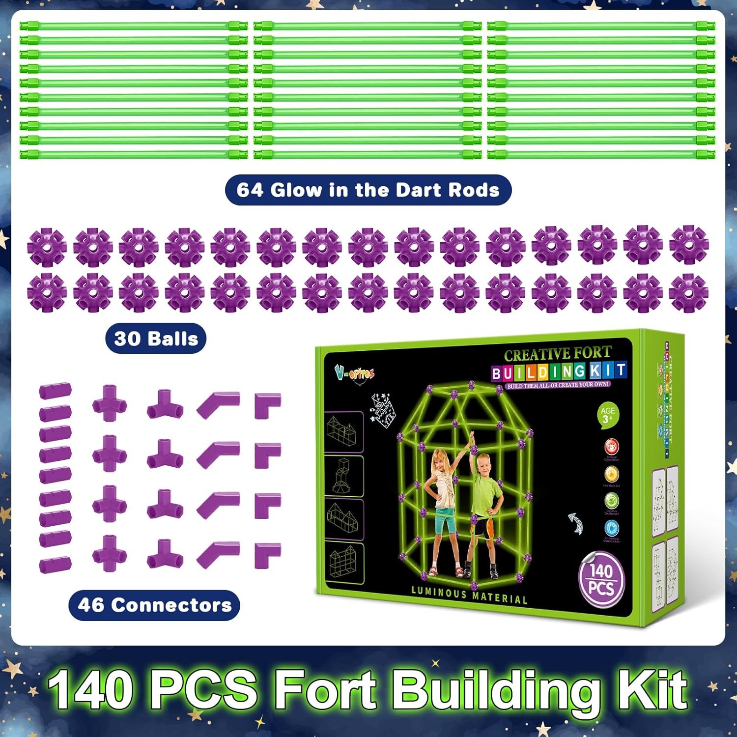 140 PCS Glow Fort Kit Kids STEM Toy DIY Castle Tunnel Tent Boys Girls Age 4-10