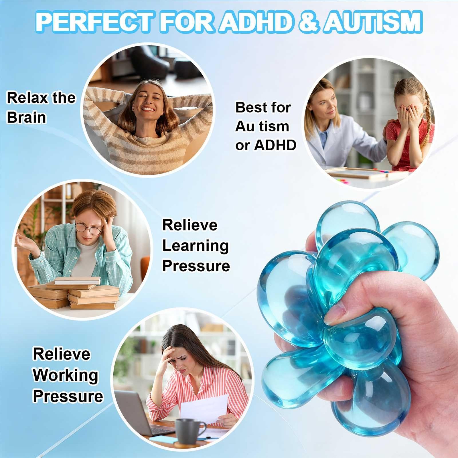 Cube Squishy Stress Relief Toys, Clear Sensory Fidget Toys for Anxiety & Blue