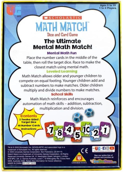 University Games, Scholastic Math Match Travel Dice Game, Mathematics Reinforcem