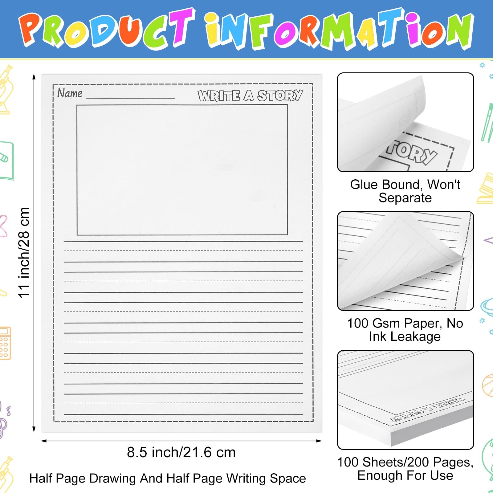 100 Sheets Writing Beginner Paper Kids 8.5″x11″ Handwriting Bulk Picture Space