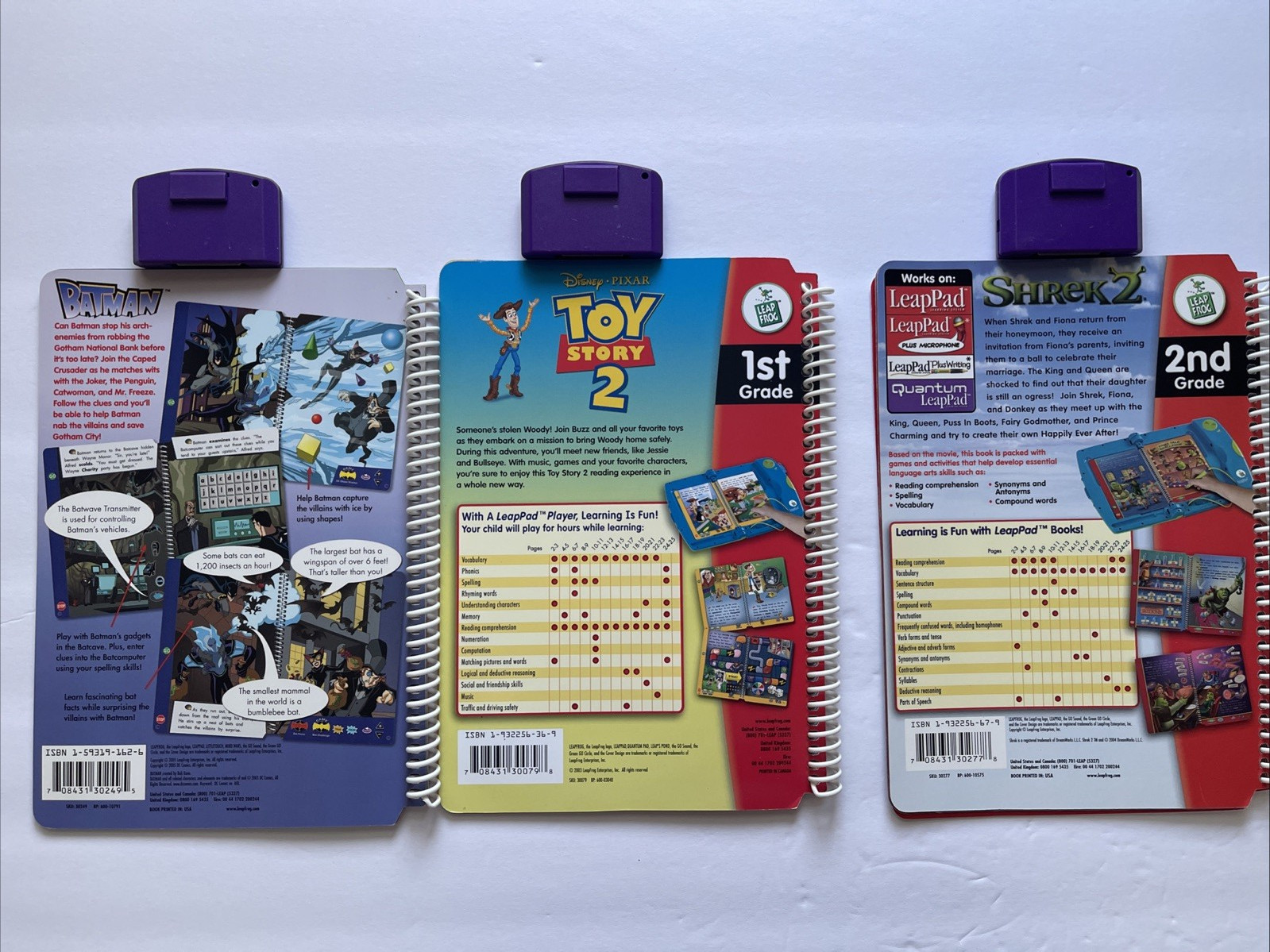 Leap Frog Pad 1st 2nd Grade Shrek 2, Toy Story 2, Batman Books & Cartridges Good