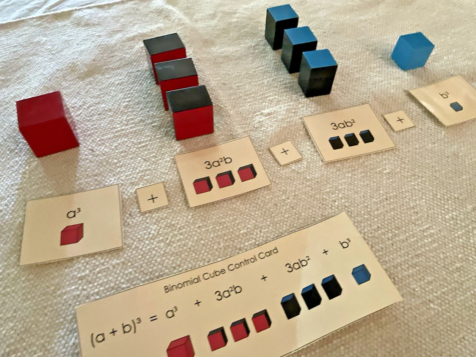 Montessori Binomial Cube w/ Equation and Control Cards for Math/Sensorial Shelf