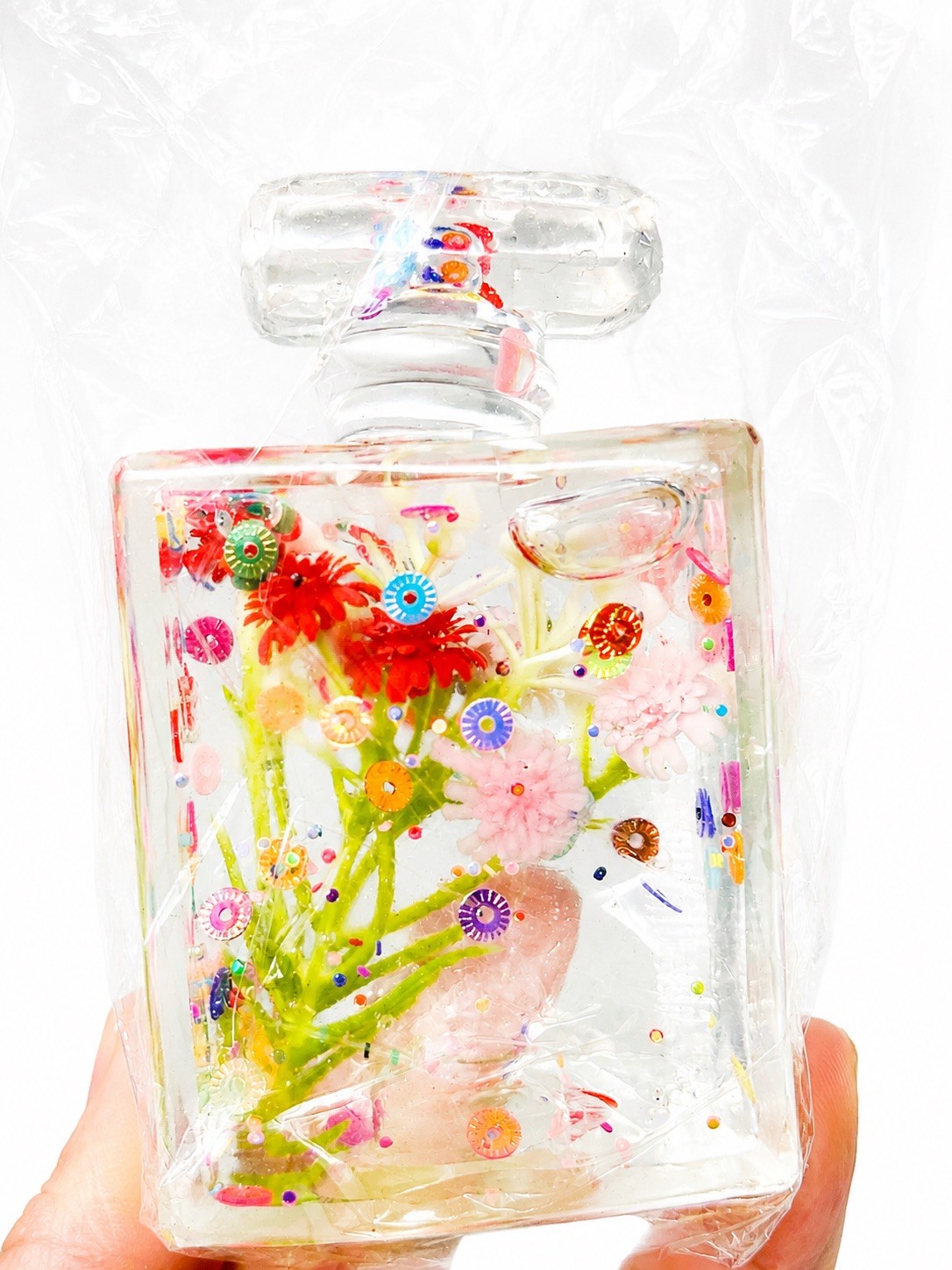 New Perfume Bottle Sugar SQUISHY Squeeze TOY Glitter RED PINK Flower