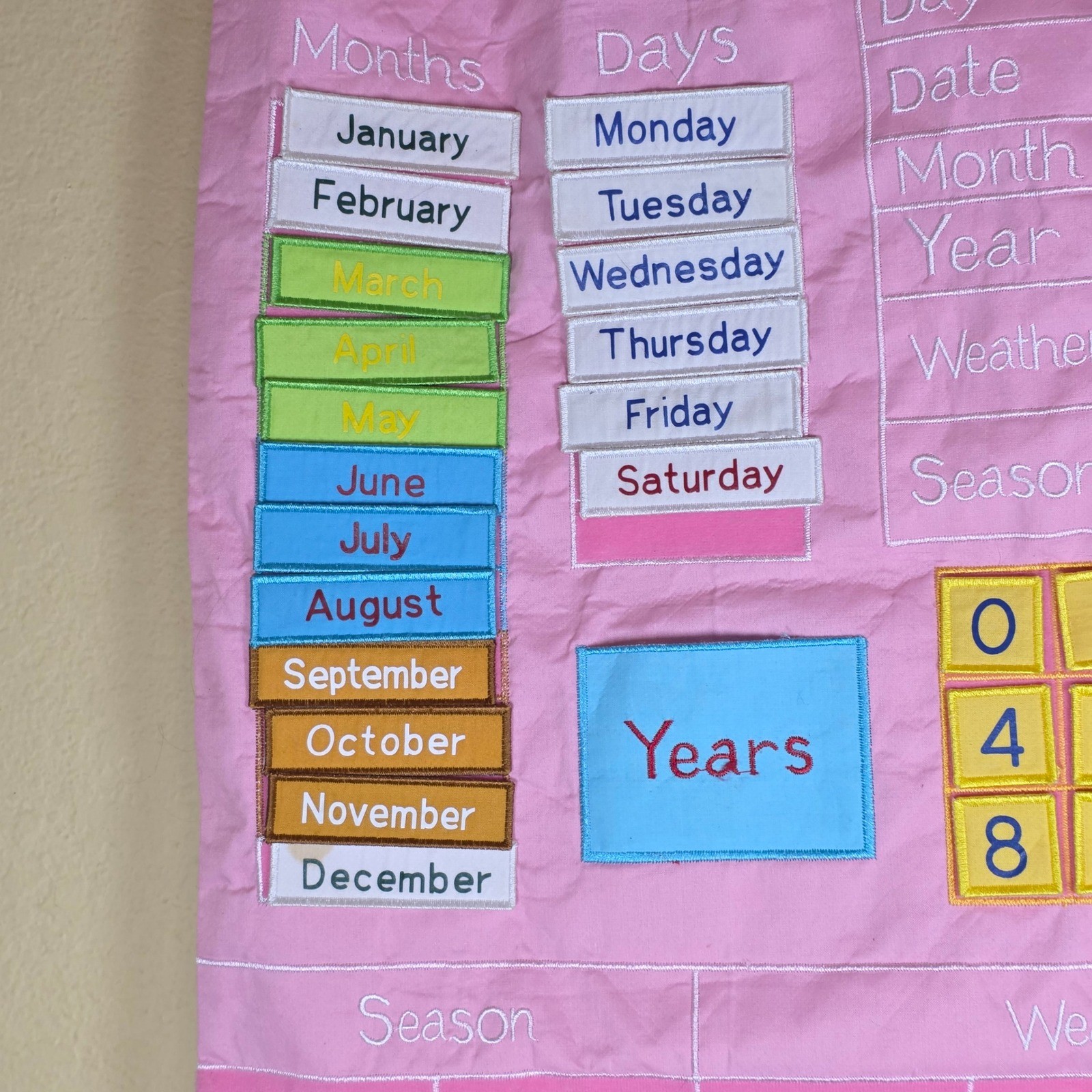 Kids Interactive Fabric Wall Calendar Pink Educational Weather Season Chart
