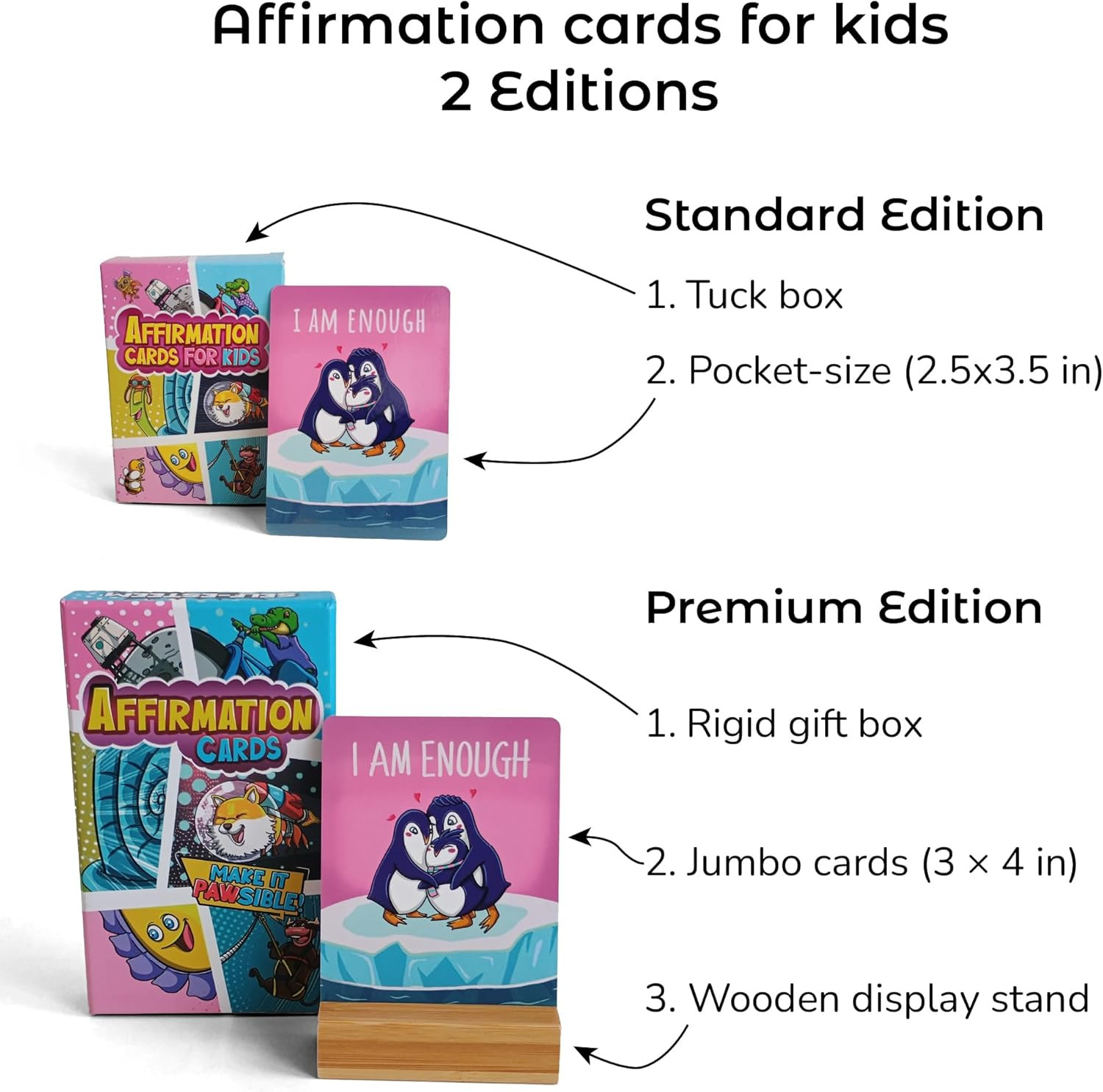 45 Affirmation Cards for Kids – Premium Edition – 3X4 in – Incl. Wooden Stand –