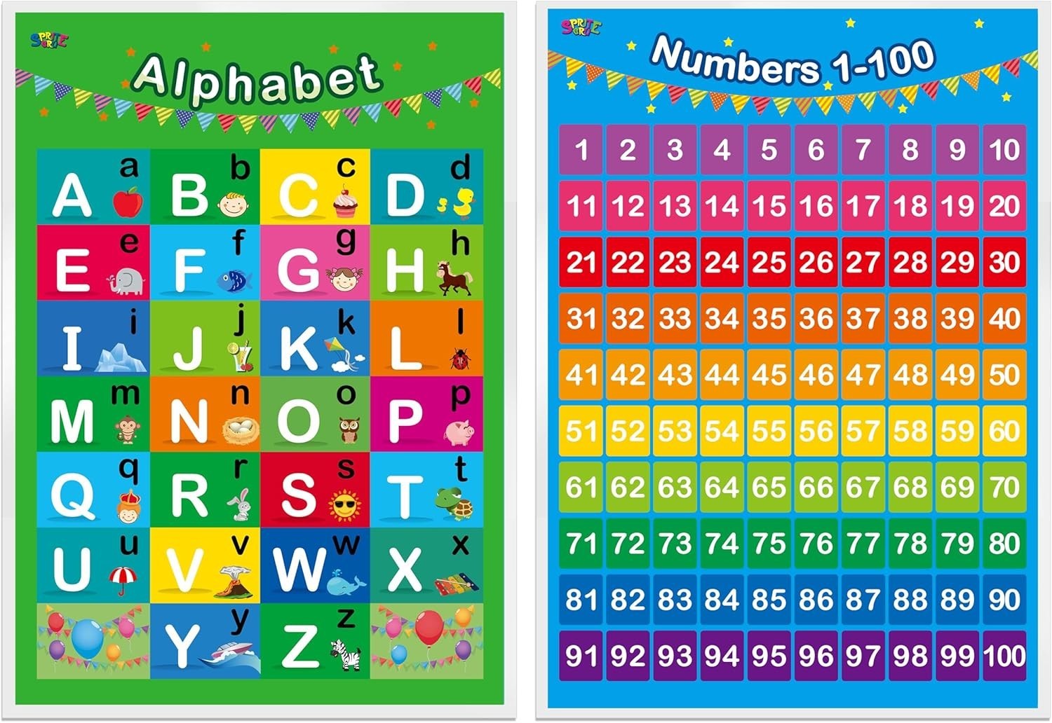 Alphabet, Numbers 1-100,2 LAMINATED Educational Posters for Toddlers 16x12inch