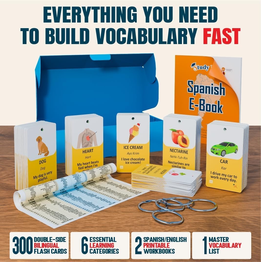 300 Bilingual English Spanish Flash Cards for Adults & Kids Ages 12+ Beginner…