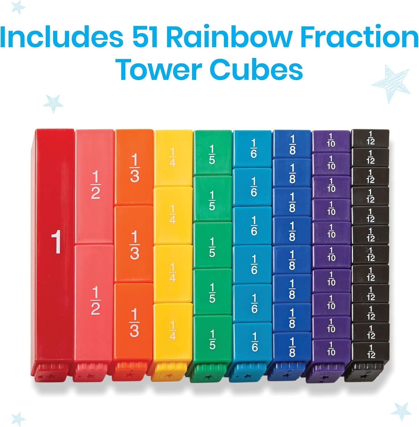 Rainbow Fraction Tower Cubes Set of 51 Multi Color Plastic Math Manipulatives
