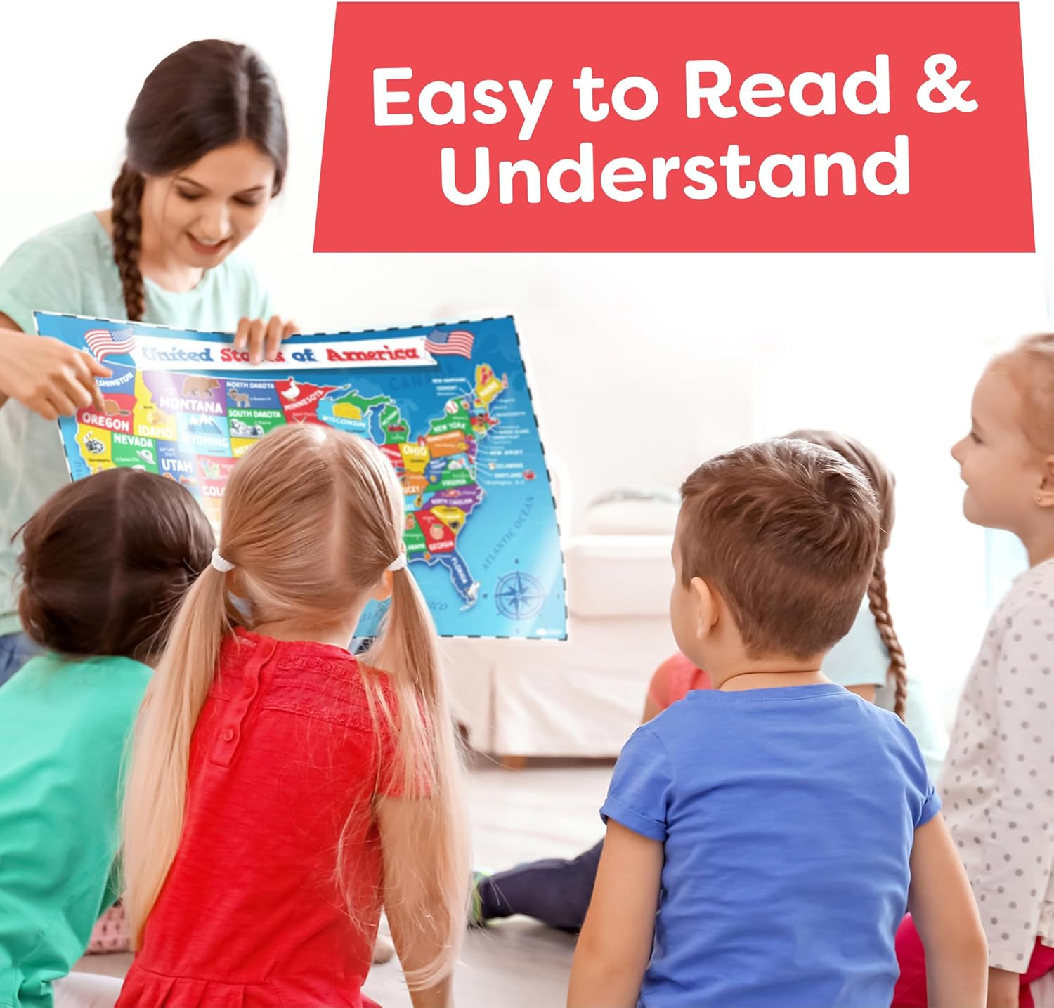 United States Map For Kids & World Maps For Kids 2pc Set – 24” x 16” Waterproof