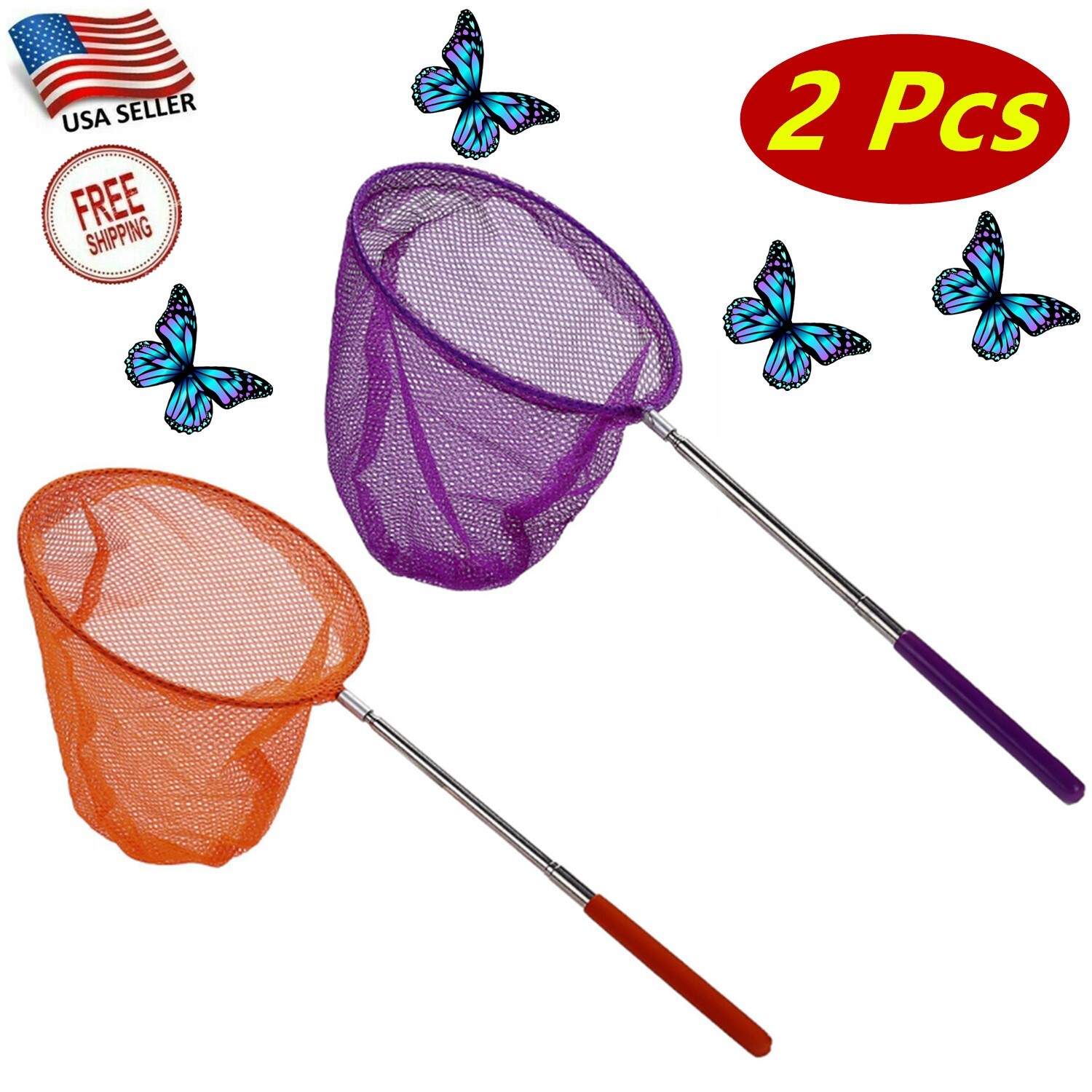 2 Pc Extendable Butterfly Net Catching Bugs Insects Extendable 34in (2 Colors)