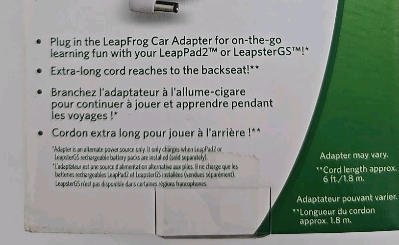 Leap Frog Car Adapter works with Leap Pad/2 Leapster GS Continuous Power OnTheGO
